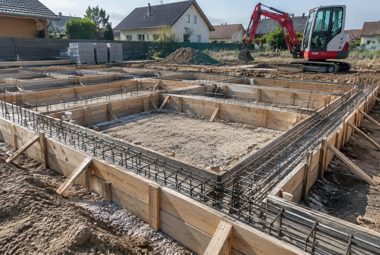 Reinforced concrete foundations with steel rebar and timber shuttering on a residential building plot